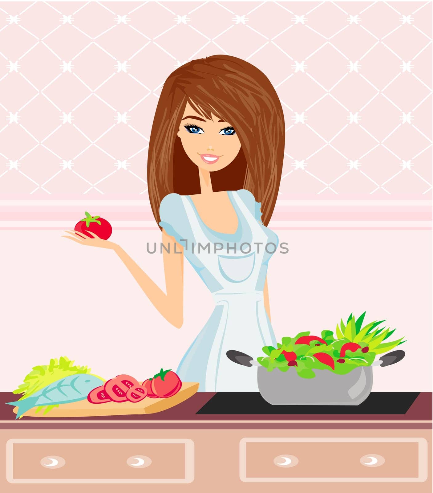 Beautiful Young Woman cooking fresh Vegetables.Dieting Concept.Vegetarian food