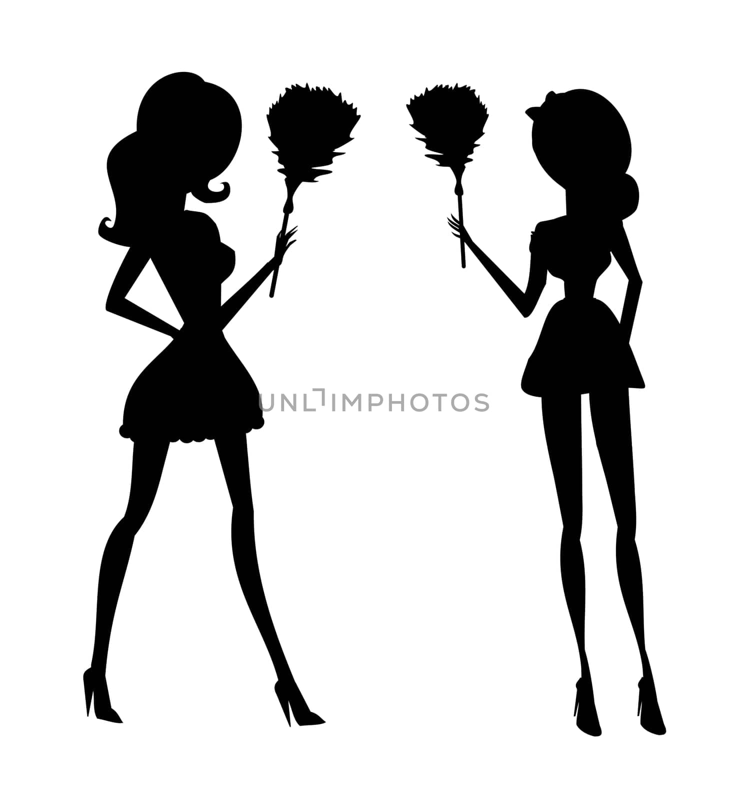 Clip art illustration of a sexy house maid in silhouette holding a feather duster.