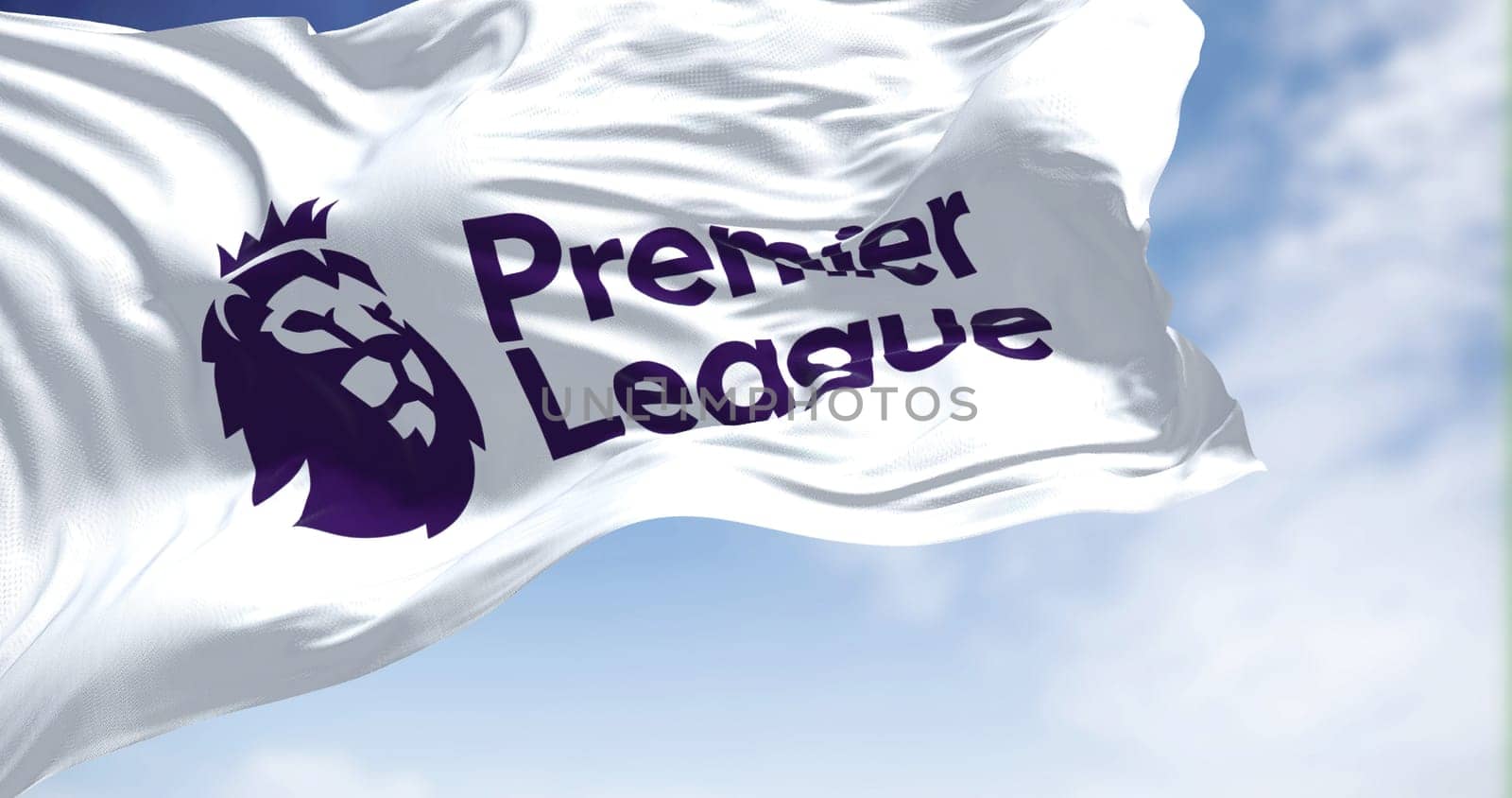 London, ENG, July 2022: Close-up of the Premier League flag waving in the wind. Premier League is the top level of the English football league system. Illustrative editorial