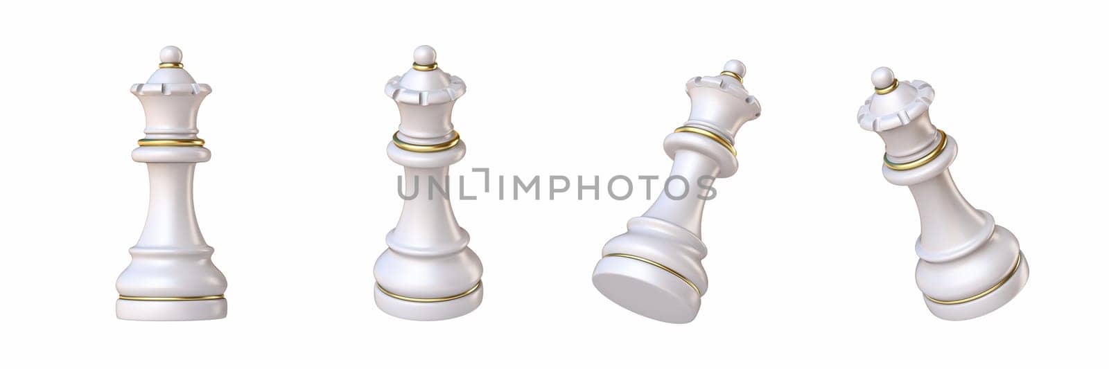 White chess Queen in four different angled views 3D rendering illustration isolated on white background