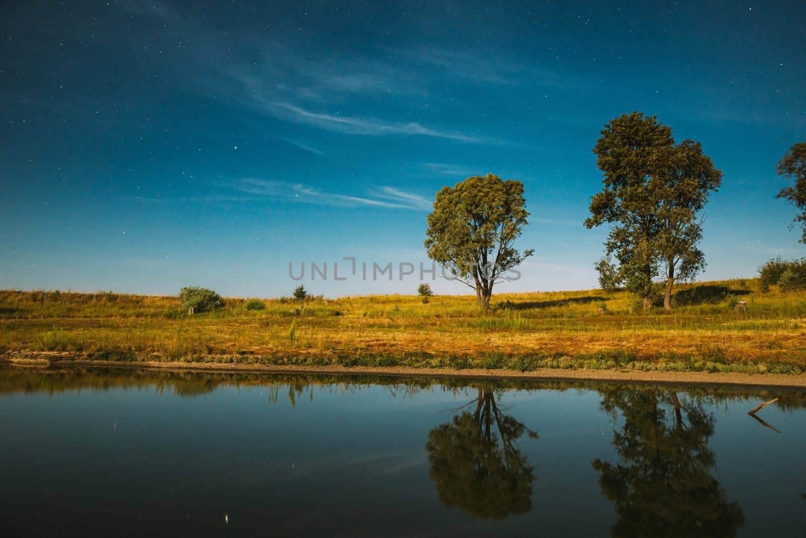 Blue Night Starry Sky Above Lake River. Night Glowing Stars And Trees Woods Reflected In Water. Beautiful Night Landscape With Natural Glowing Stars