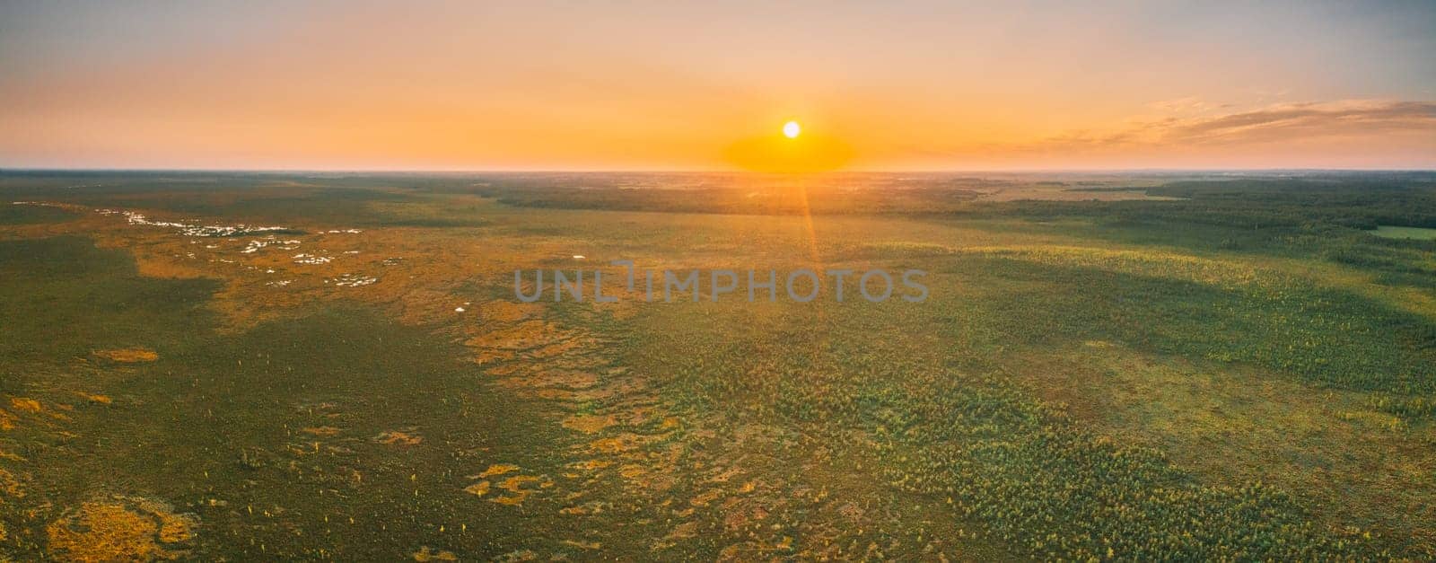 Miory District, Vitebsk Region, Belarus. The Yelnya Swamp. Upland And Transitional Bogs With Numerous Lakes. Elevated Aerial View Of Yelnya Nature Reserve Landscape. Famous Natural Landmark. Panorama.