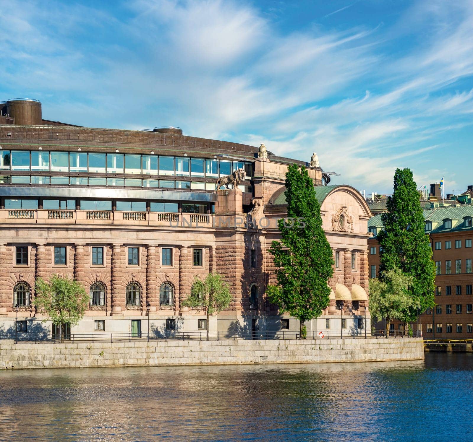 Swedish Parliament House, Riksdagshuset, located on the island of Helgeandsholmen, Old town, or Gamla Stan, Stockholm, Sweden, in a summer day