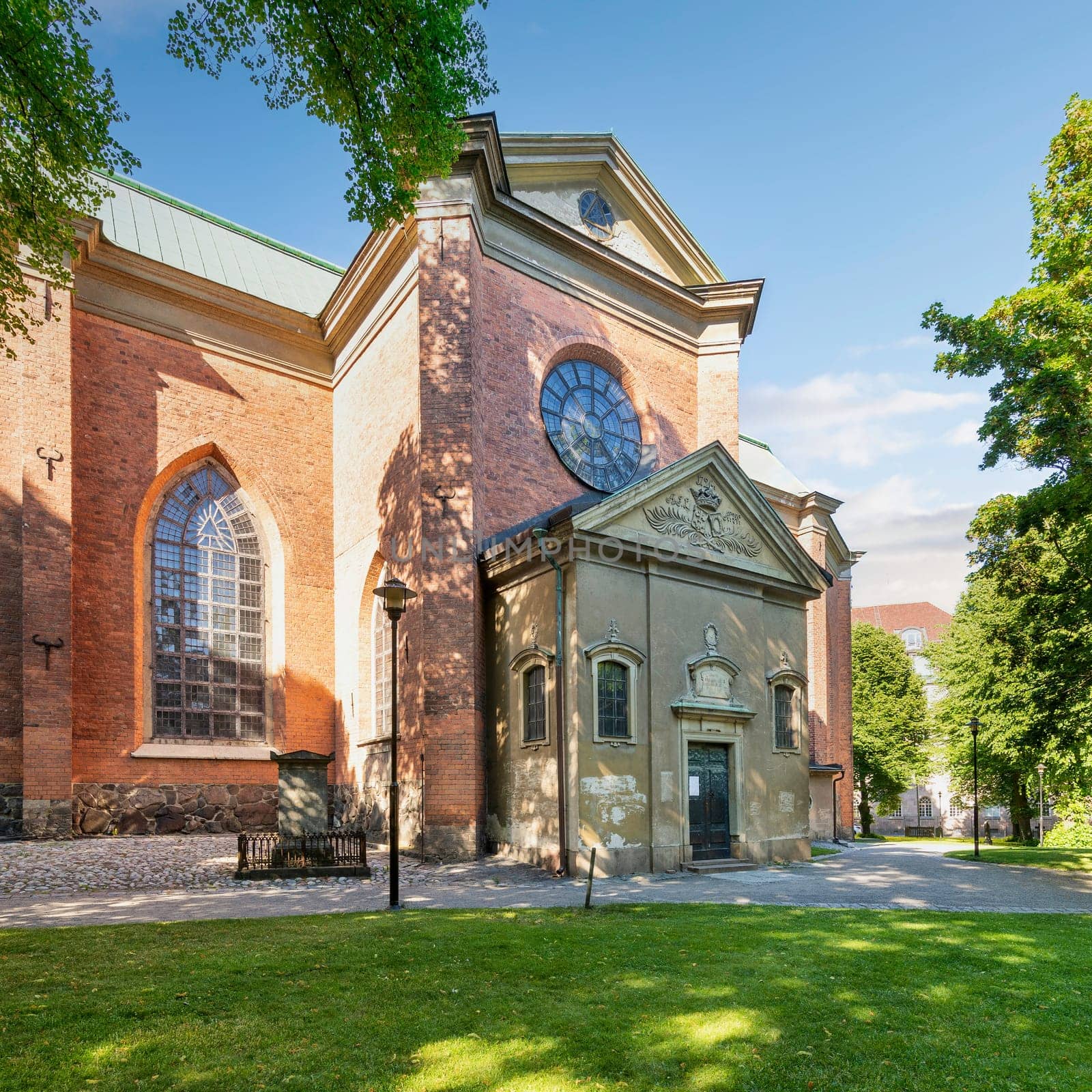 Entrance of Church of Saint Clare, Klara Church, Swedish: Klara kyrka, built in 1989, located on Klara Vastra Kyrkogata in the Klara area in lower Norrmalm, Stockholm, Sweden