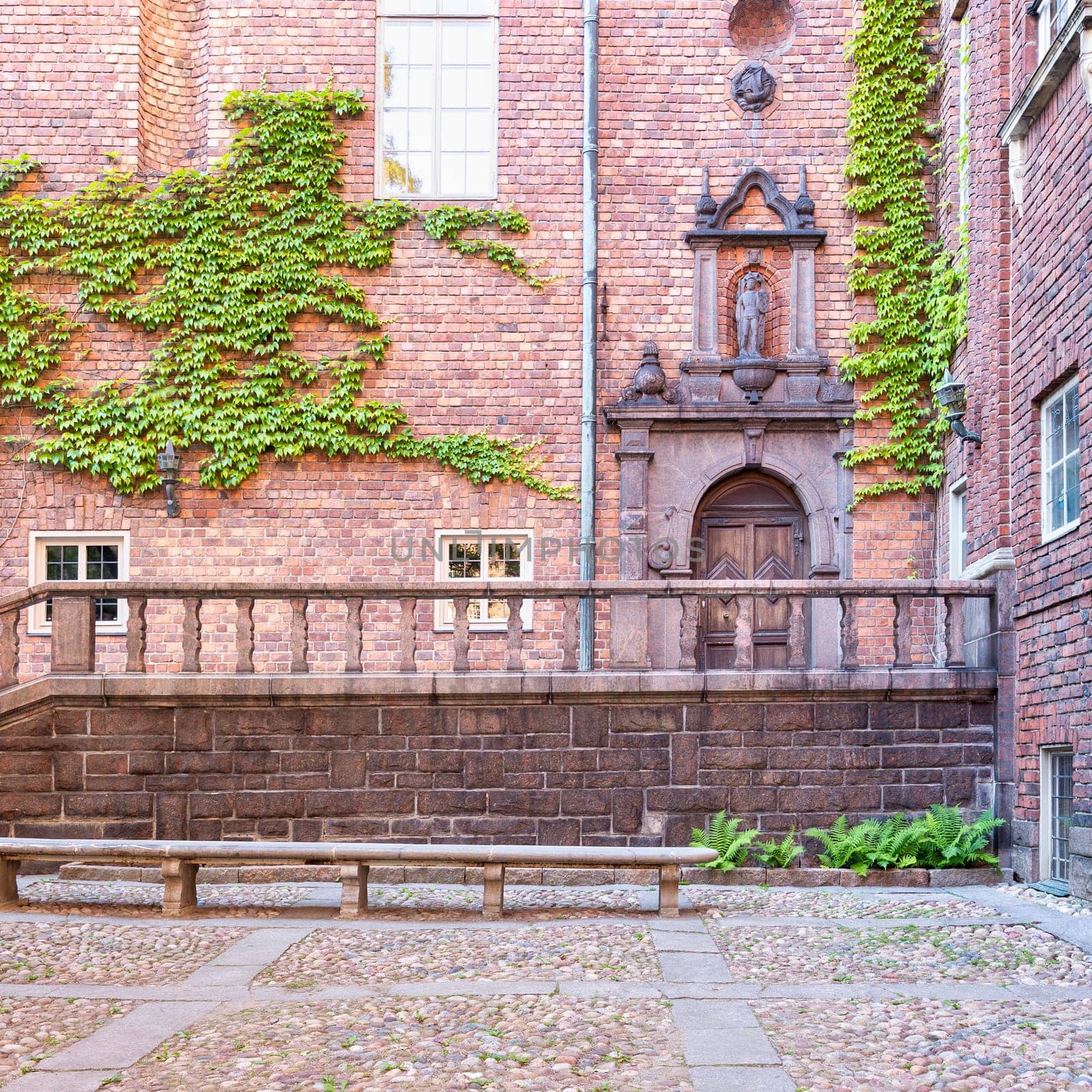 Courtyard of Stockholm City Hall, or Stadshuset, located on the eastern tip of Kungsholmen island, next to Riddarfjarden's northern shore and facing the islands of Riddarholmen and Sodermalm, Sweden