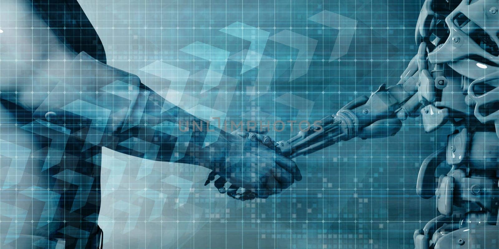 Engineering Technology with Robotic Arm and Human Hand Handshake