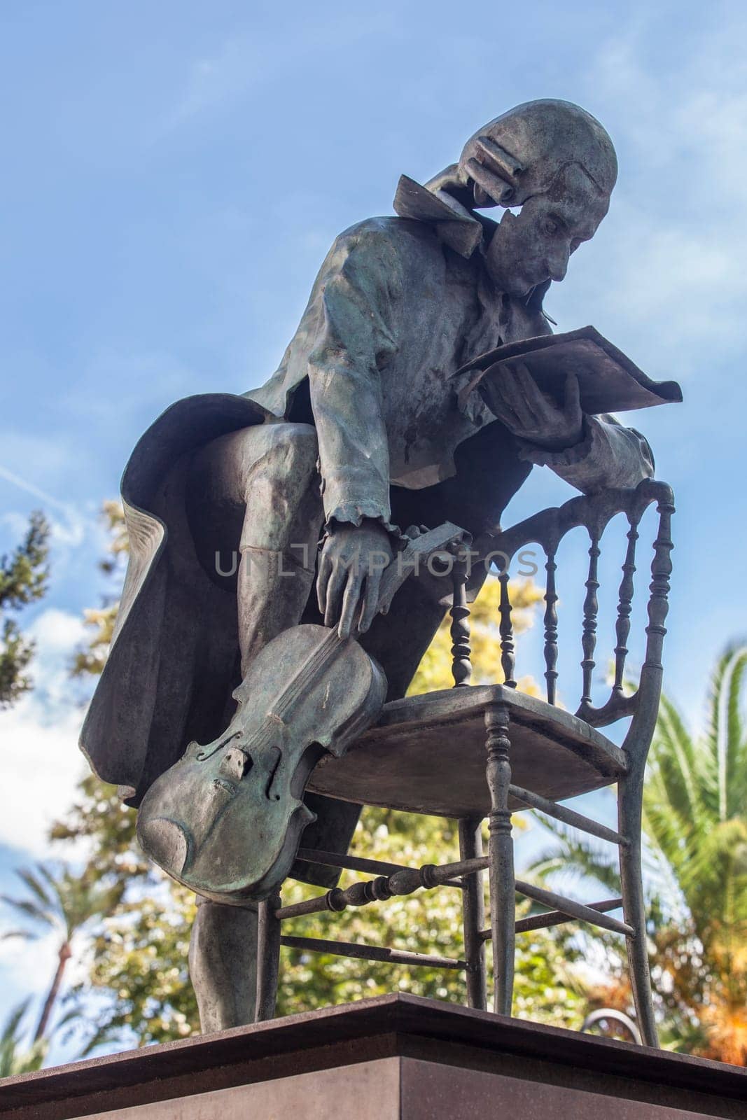 Seville, Spain - Sept 27th, 2020: Mozart sculpture, Seville, Spain. Placed beside Maestranza Theater, Rolando Campos sculpter