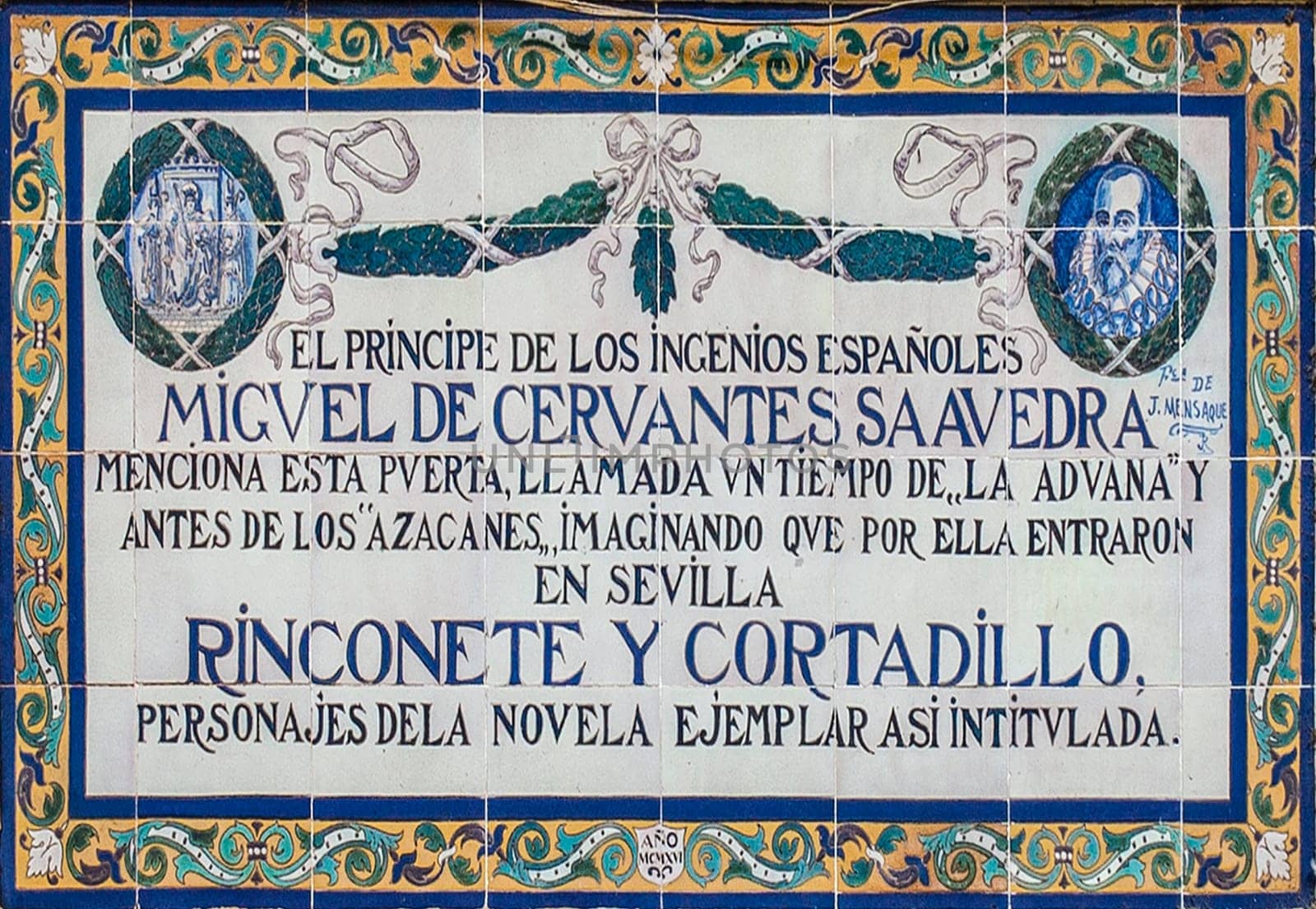 Seville, Spain - Sept 27th, 2020: Miguel de Cervantes Saavedra memorial plaque, about Rinconete y Cortadillo novel, Seville, Spain
