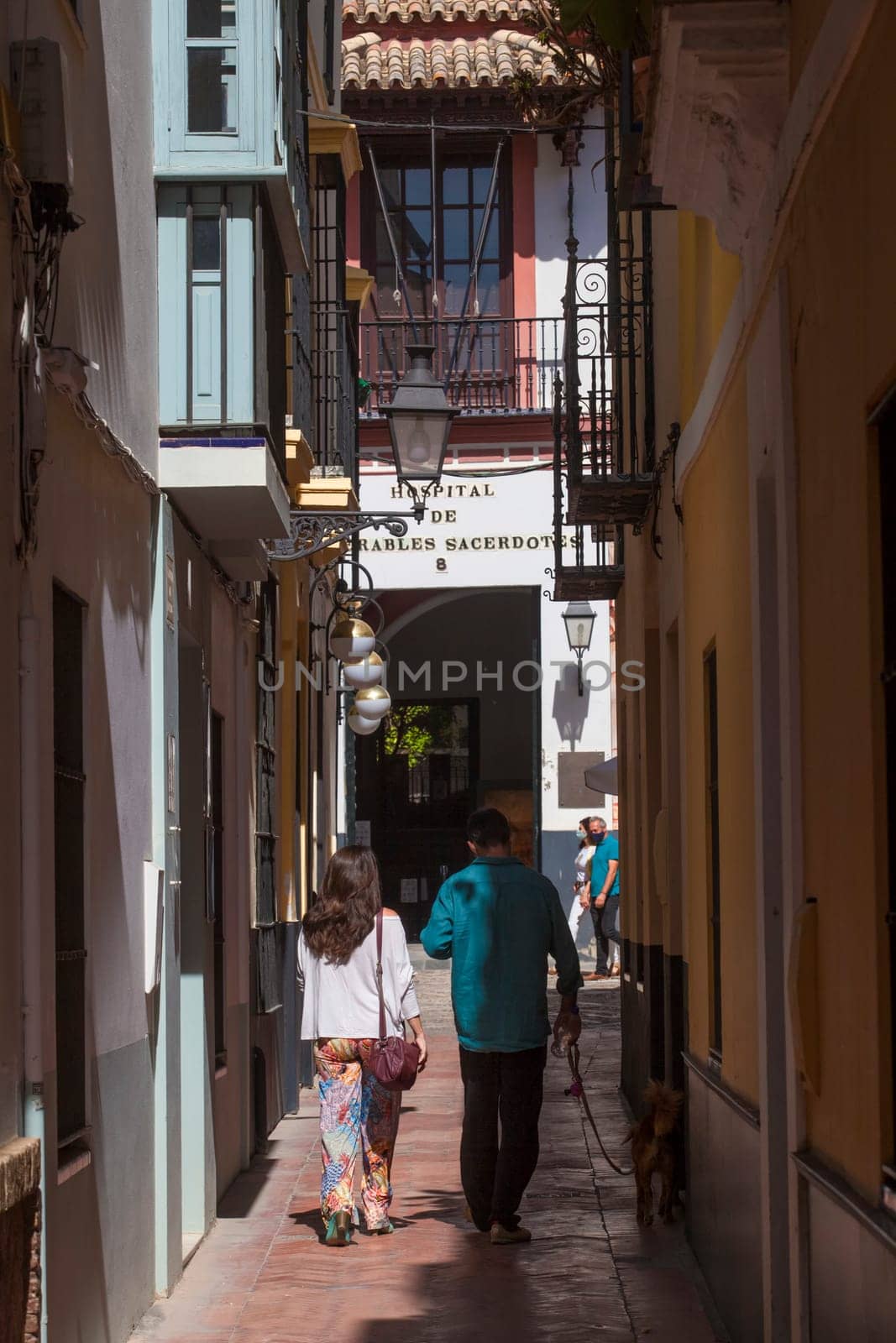 Seville, Spain - Sept 27th, 2020: Tourist couple walking the dog by narrow street of Santa Cruz neighborhood, historic district of Seville, Spain