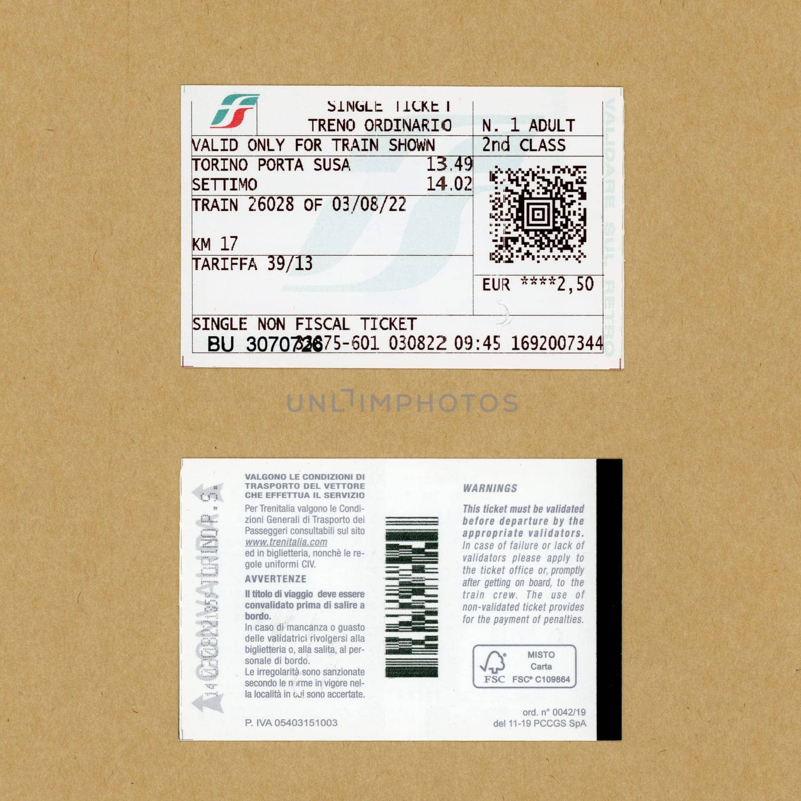 TURIN, ITALY - CIRCA AUGUST 2022: Trenitalia train tickets