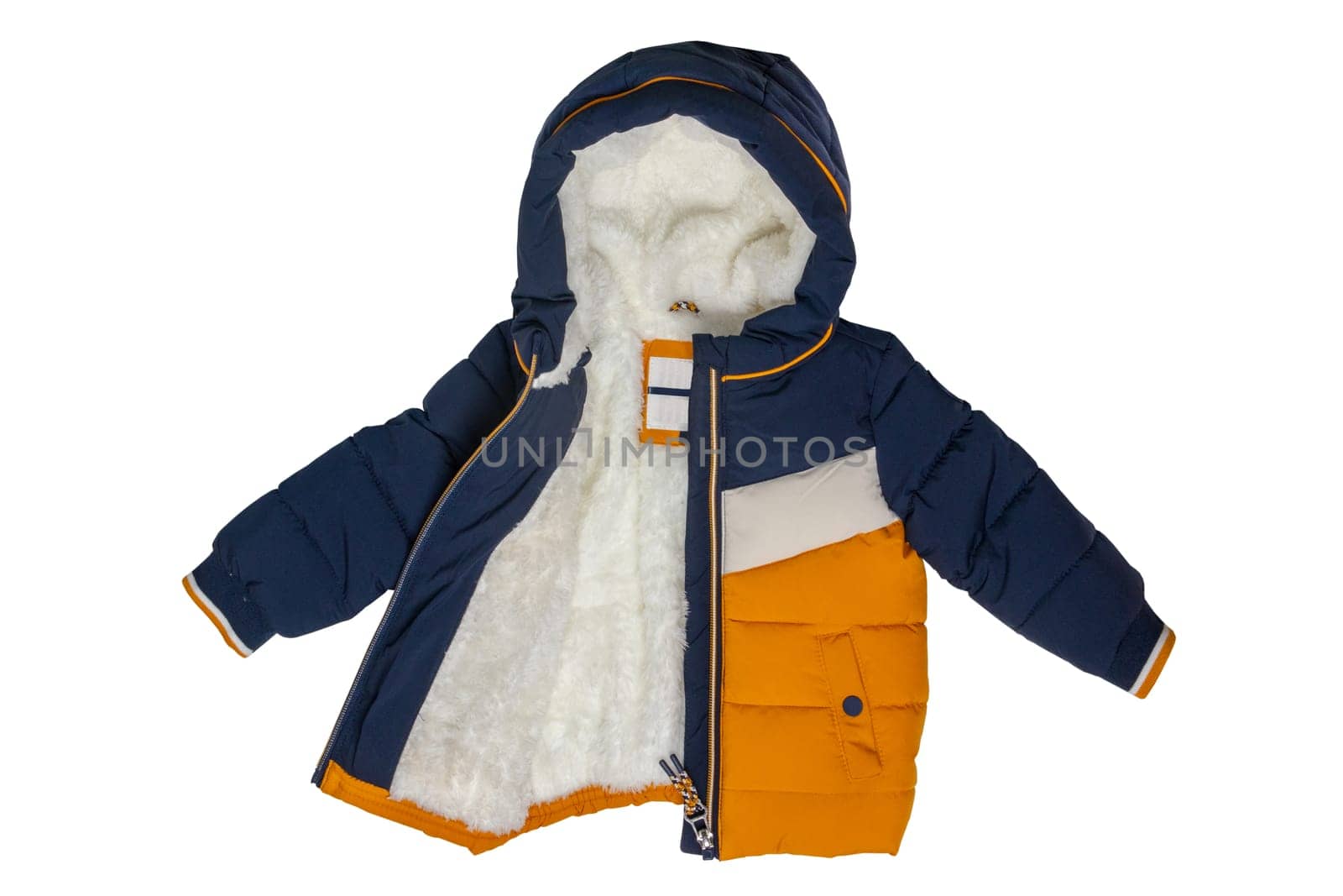 Down jacket for children. Stylish yellow blue cosy warm winter down jacket for kids isolated on a white background. Clipping path. Autumn and winter fashion.