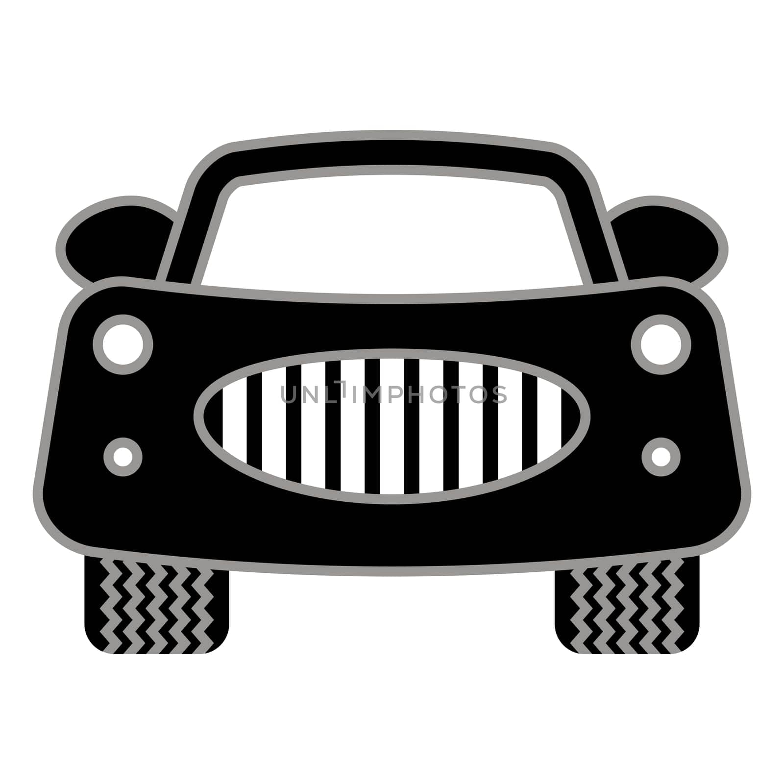 Passenger retro car with round headlights icon isolated on white background. Car flat icon for web and ui design. View in front. Auto logo design.
