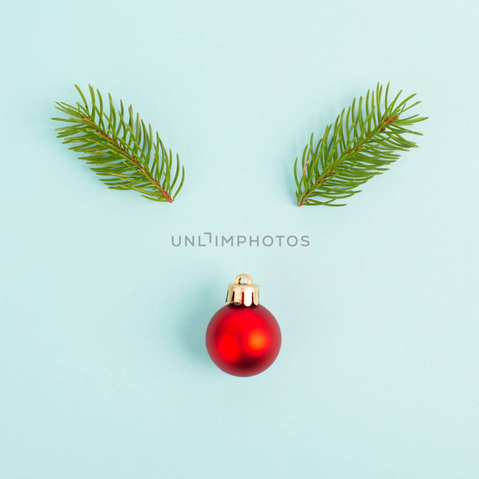 Face of a reindeer with a red bauble nose and fir antlers, merry christmas greeting card