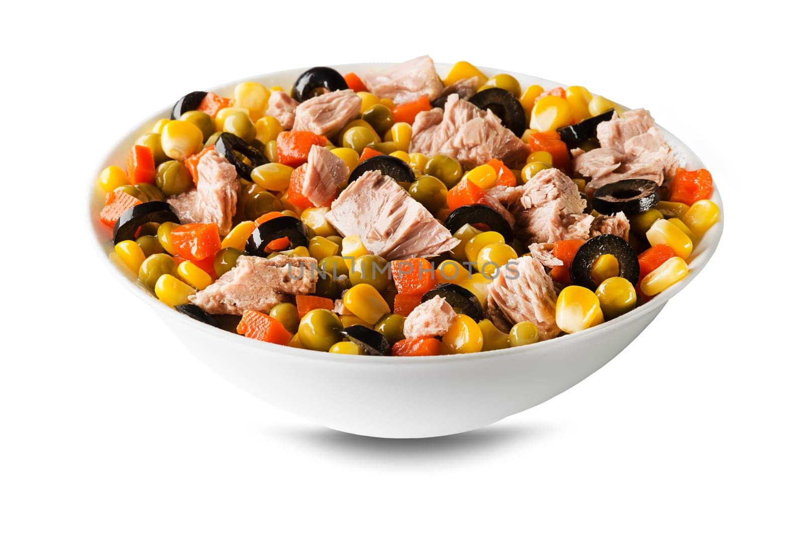 Healthy tuna salad with corn, carrot, pea and black olive isolated on white background. Mexican corn salad.