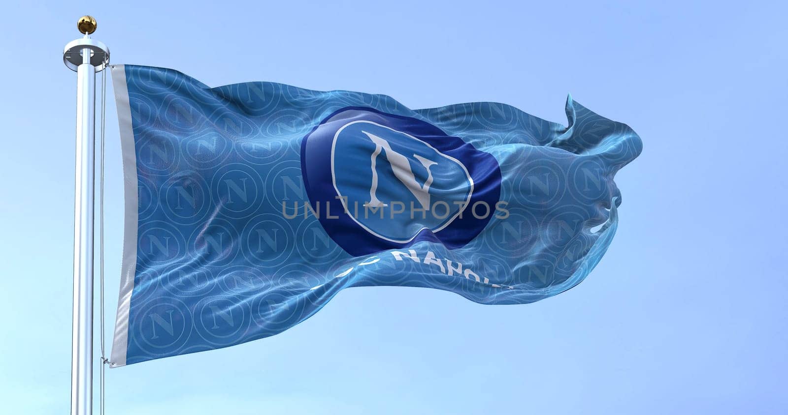 Naples, Italy, July 2022: The flag of SSC Napoli waving. SSC Napoli is a professional football club based in Naples, Italy.