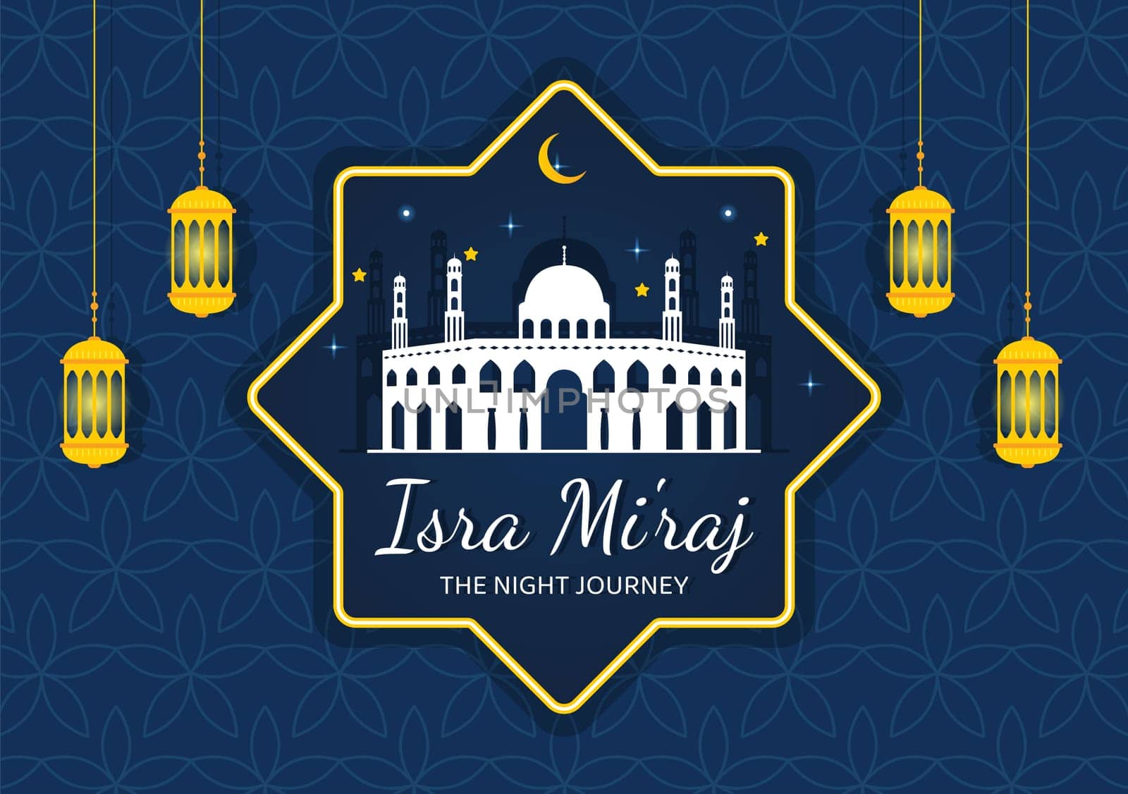 Happy Isra Miraj Nabi Muhammad SAW Template Hand Drawn Cartoon Flat Illustration Suitable for Greeting Card, Poster and Banner