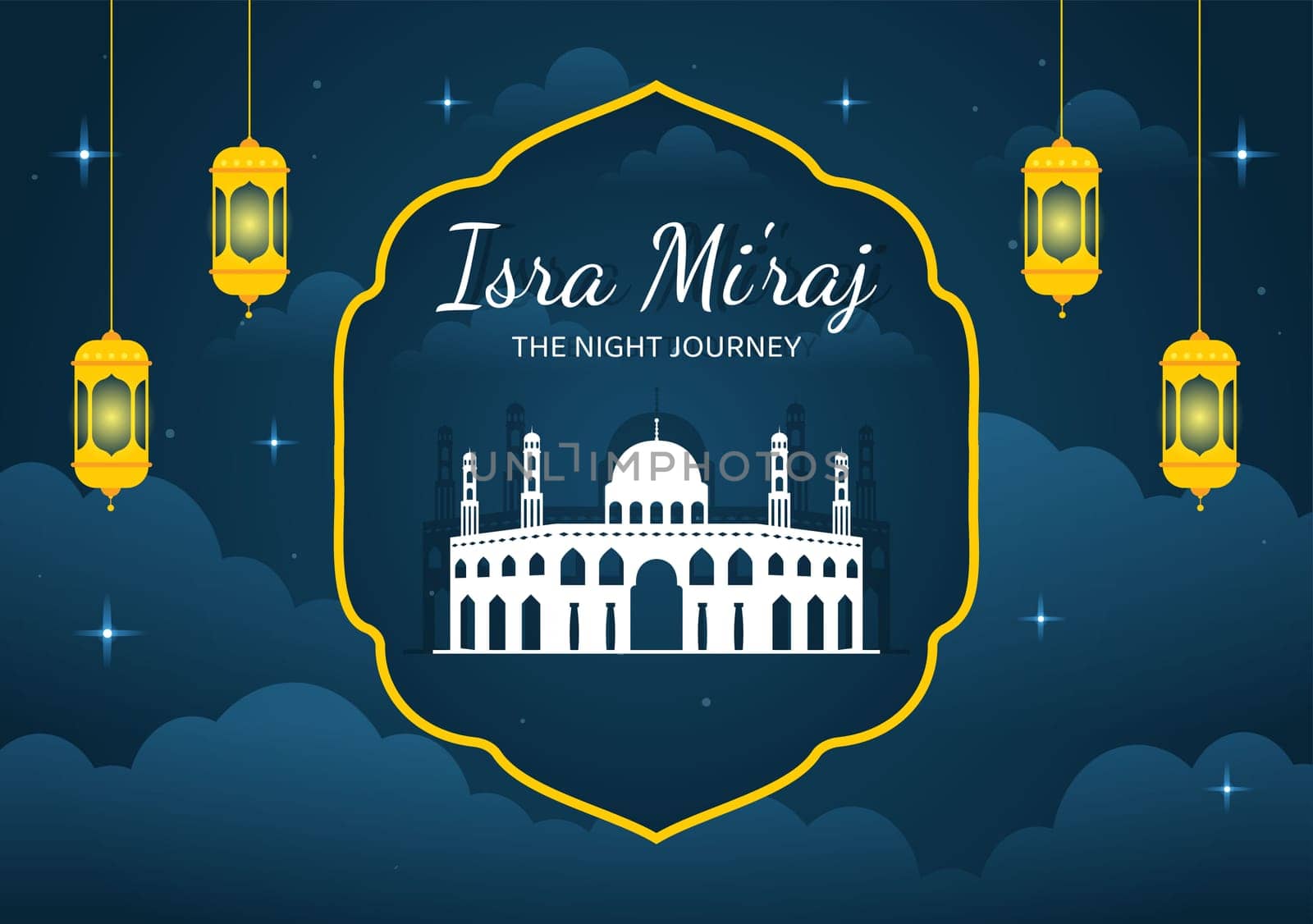Happy Isra Miraj Nabi Muhammad SAW Template Hand Drawn Cartoon Flat Illustration Suitable for Greeting Card, Poster and Banner