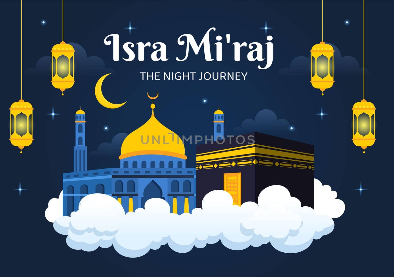 Happy Isra Miraj Nabi Muhammad SAW Template Hand Drawn Cartoon Flat Illustration Suitable for Greeting Card, Poster and Banner