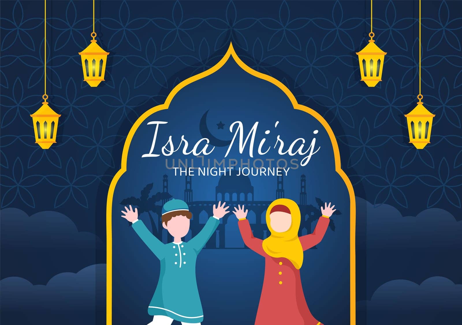 Happy Isra Miraj Nabi Muhammad SAW Template Hand Drawn Cartoon Flat Illustration Suitable for Greeting Card, Poster and Banner