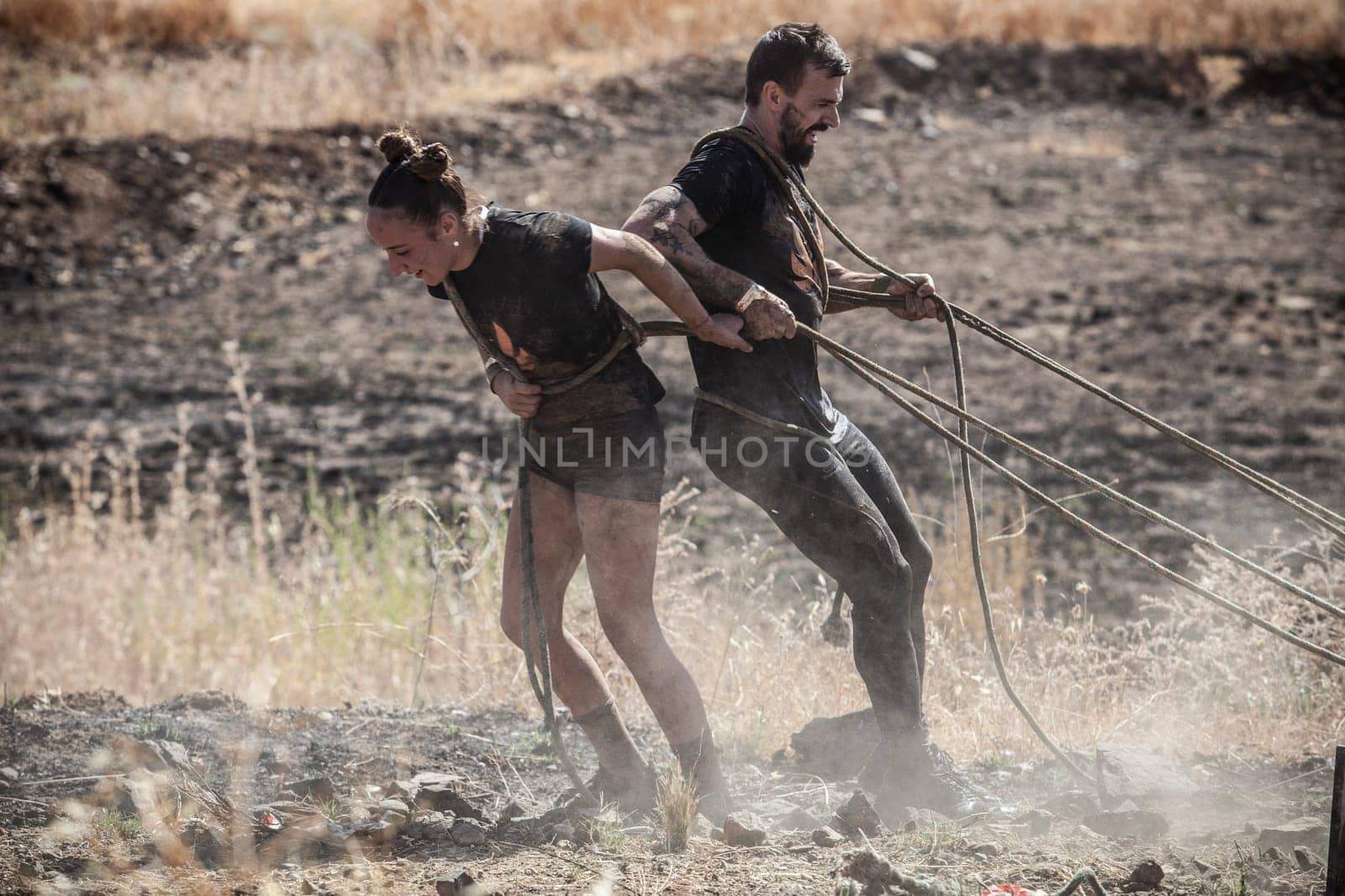 Merida, Spain - Sept 11th, 2022: FarinatoRace Merida 2022. Dragging steel beam piece