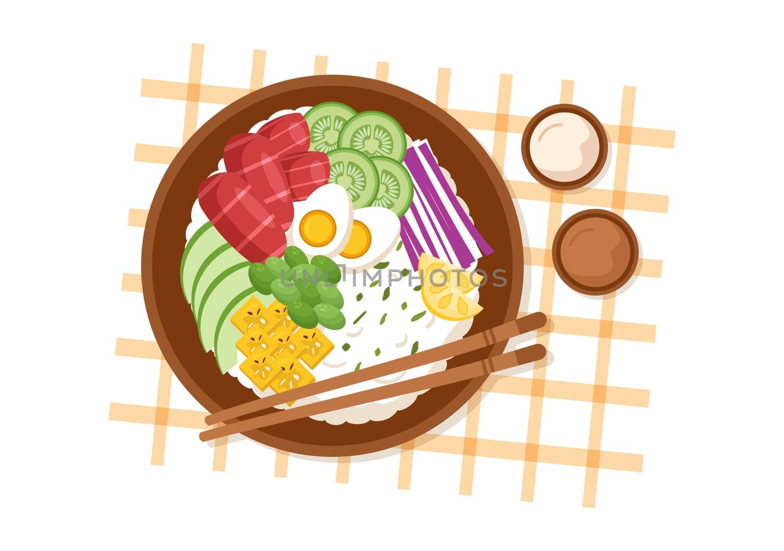 Hawaiian Dish Poke Bowl Food Template Hand Drawn Cartoon Flat Illustration with Rice, Tuna, Fresh Fish, Egg and Vegetables Design