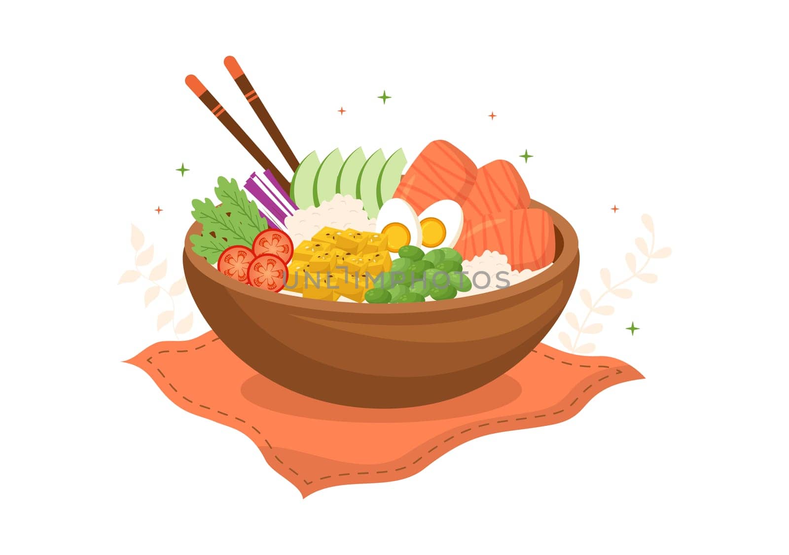 Hawaiian Dish Poke Bowl Food Template Hand Drawn Cartoon Flat Illustration with Rice, Tuna, Fresh Fish, Egg and Vegetables Design