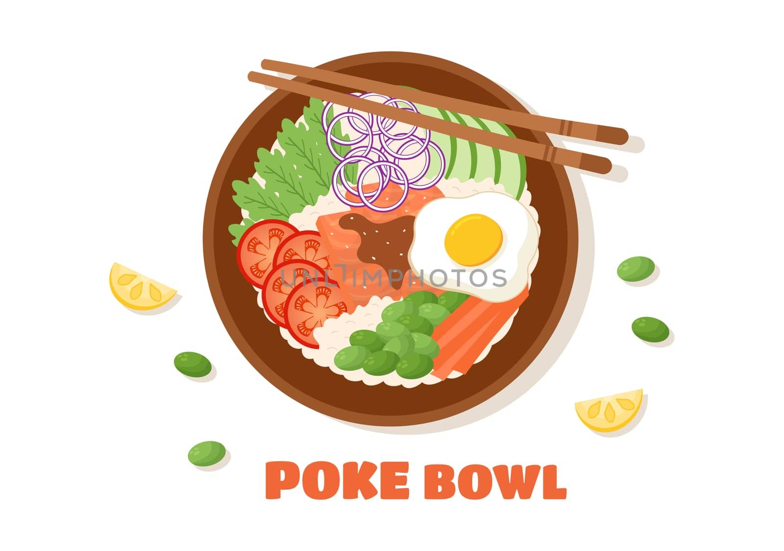 Hawaiian Dish Poke Bowl Food Template Hand Drawn Cartoon Flat Illustration with Rice, Tuna, Fresh Fish, Egg and Vegetables Design