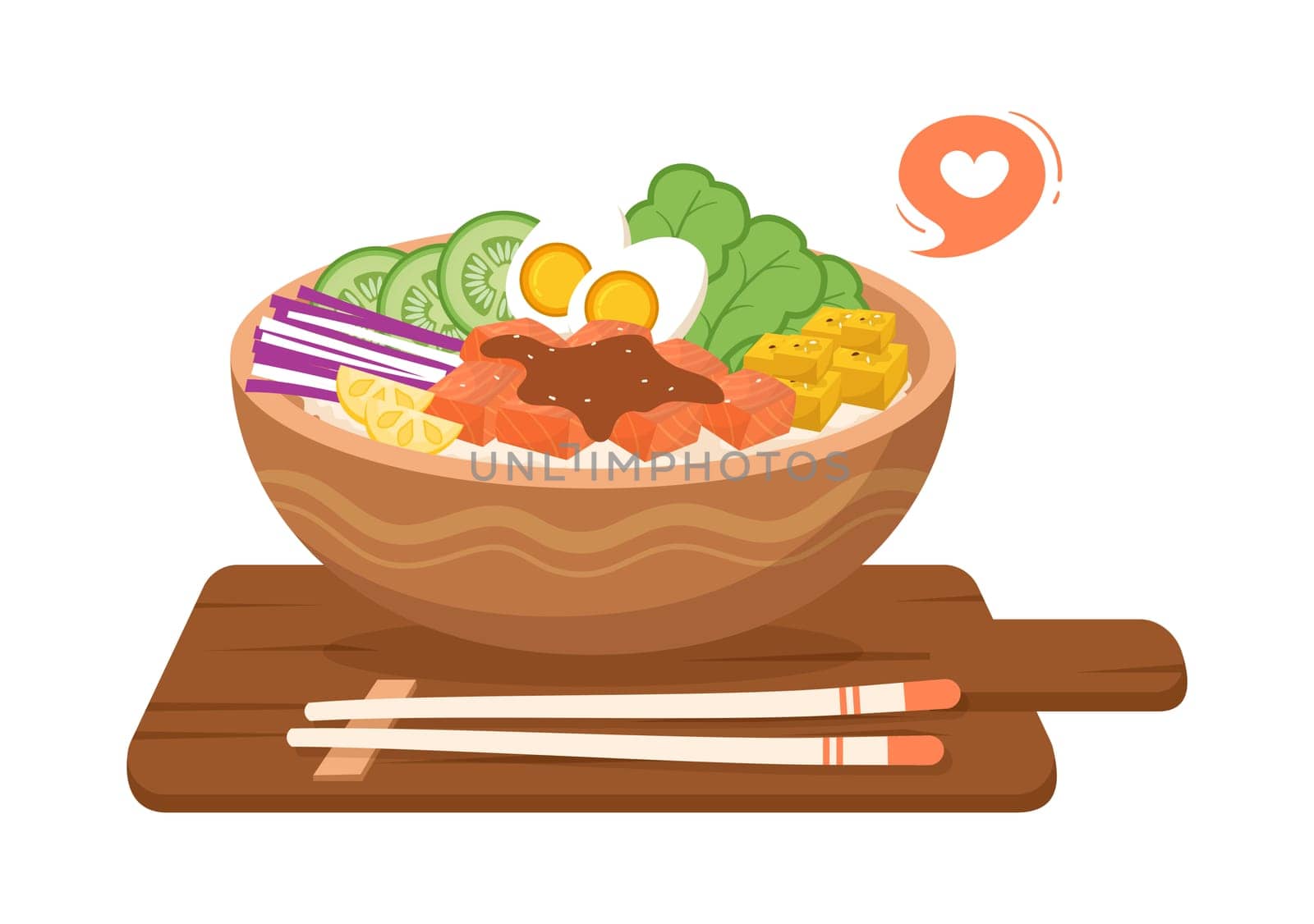 Hawaiian Dish Poke Bowl Food Template Hand Drawn Cartoon Flat Illustration with Rice, Tuna, Fresh Fish, Egg and Vegetables Design