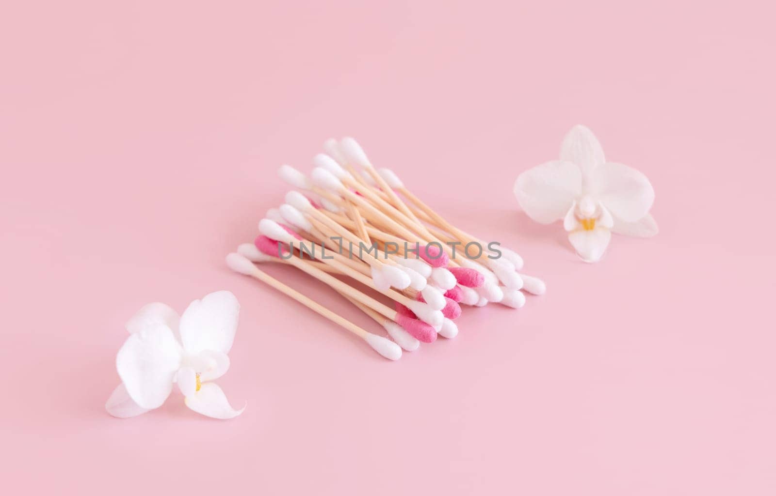 White and pink bamboo cotton buds near white orchid flowers on light pink, close up. Organic skincare product for everyday beauty routine. Eco friendly Biodegradable cotton swabs..