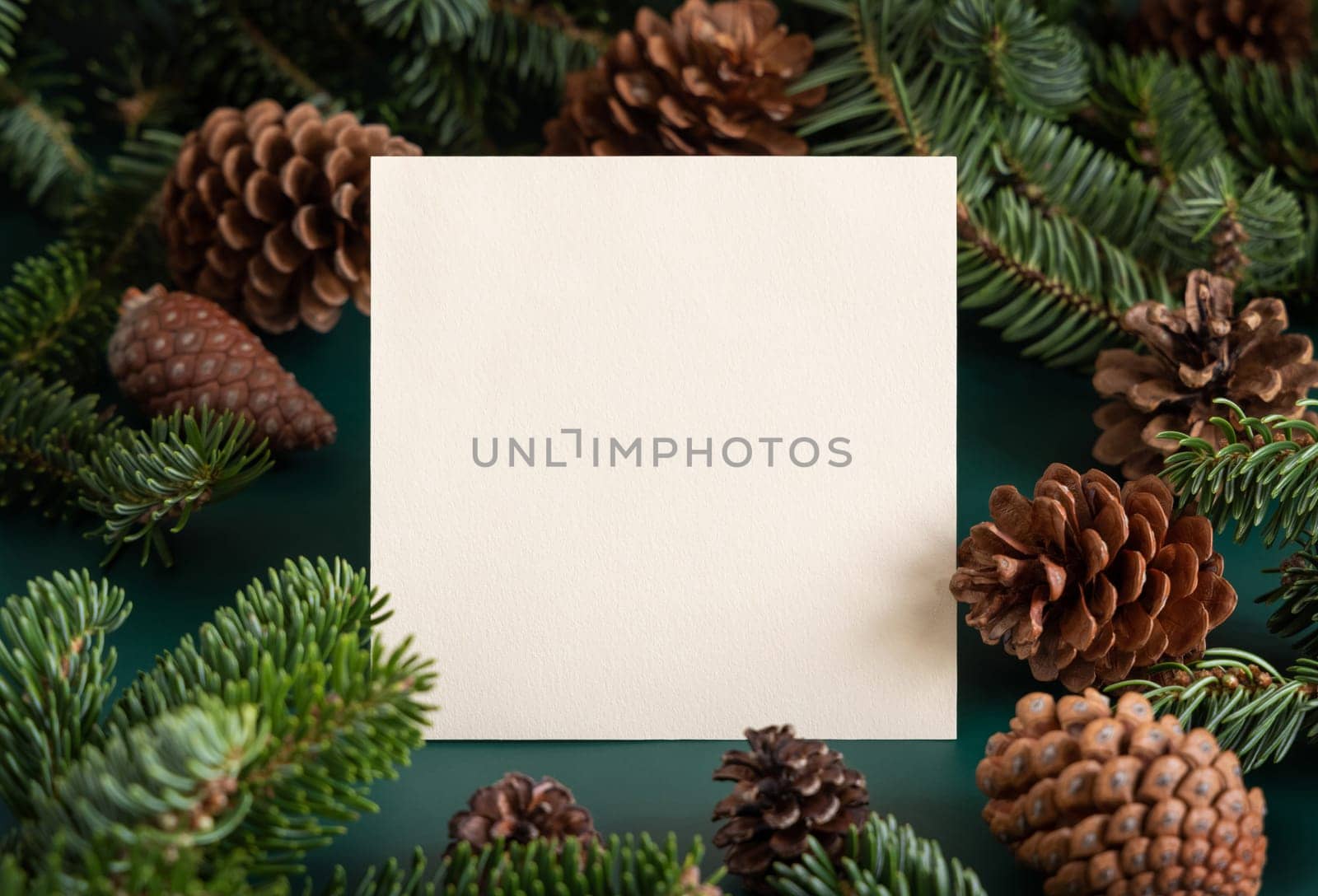 Square blank card between fir branches and pine cones on green close up, mockup. Christmas or New Year greeting card template, Holiday winter composition