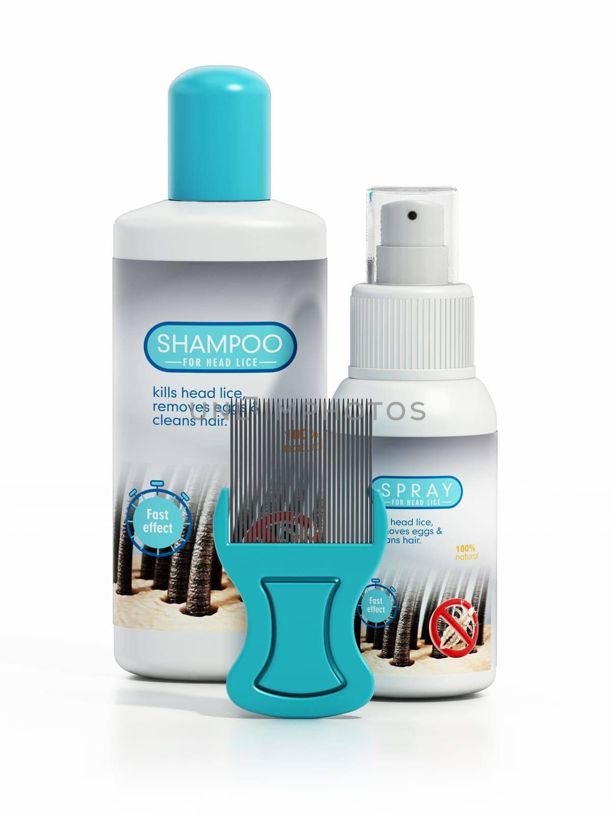 Hair lice shampoo, spray and metal lice comb isolated on white background. 3D illustration.