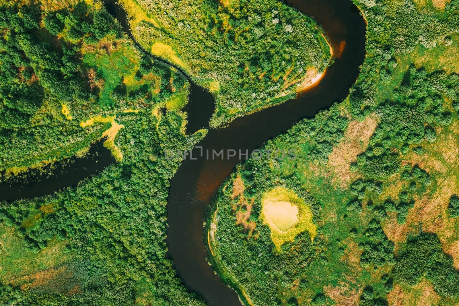 Aerial View Of Summer River Landscape In Sunny Summer Day. Top View Of Beautiful European Nature From High Attitude In Summer Season. Drone View. Bird's Eye View
