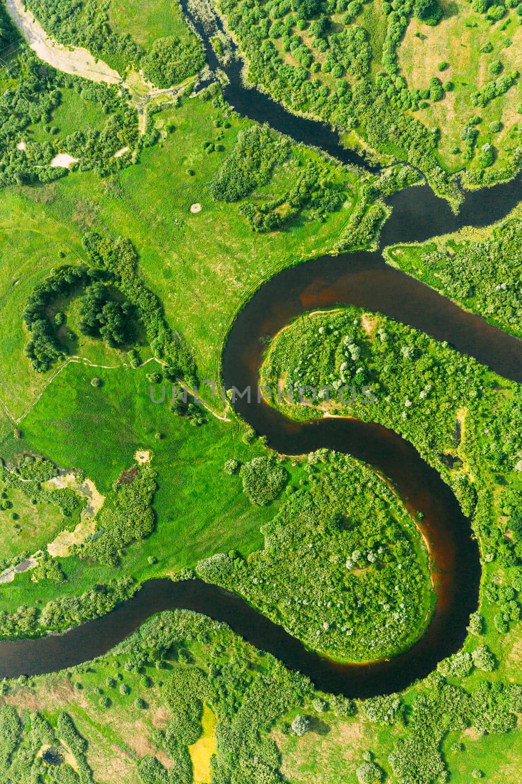 Aerial View Of Summer Curved River Landscape In Sunny Summer Day. Top View Of Beautiful European Nature From High Attitude In Summer Season. Drone View. Bird's Eye View