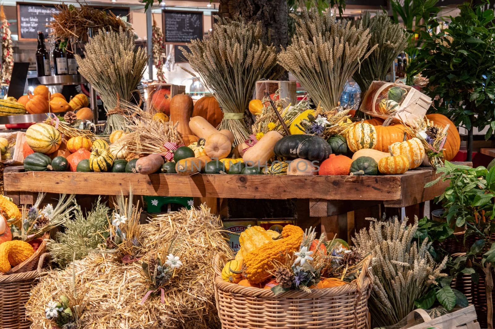 Thanksgiving autumn decorations. Colourful assortment of different kinds of pumpkins, gourds and squashes on wooden shelves and straw bales at a harvest market.