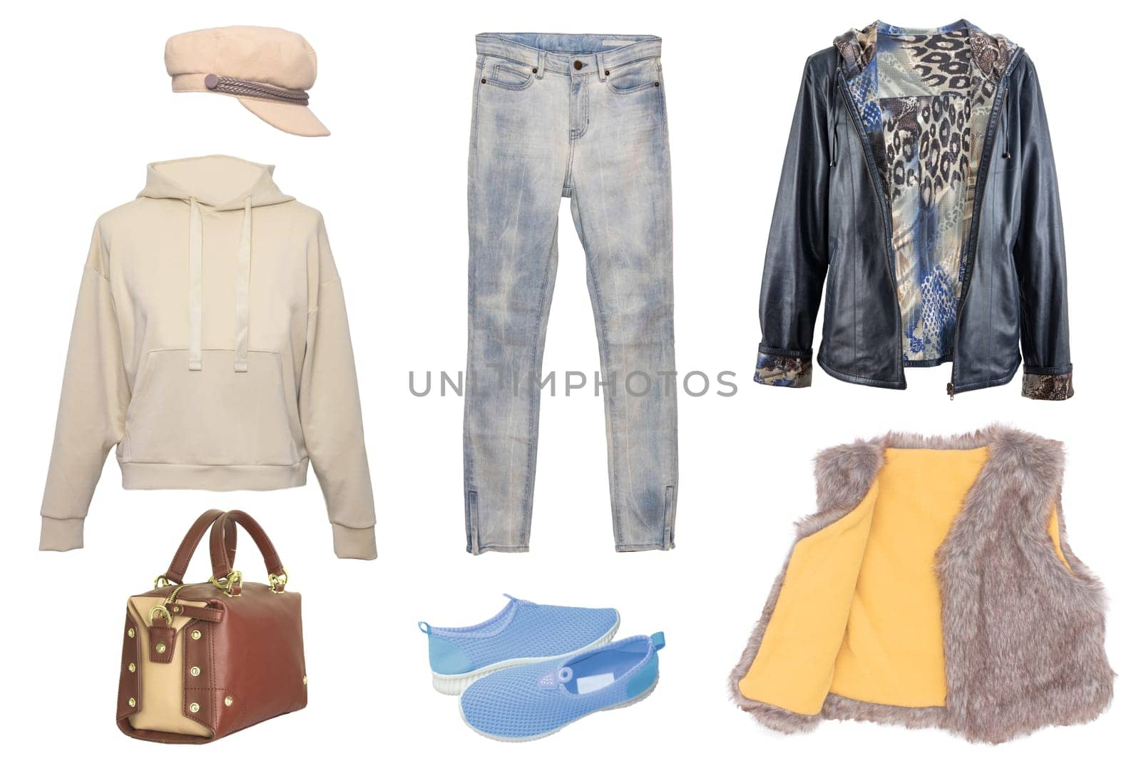 Collage woman clothes. Set of stylish and trendy women jacket, blouse or shirt, shoes, bag and accessories isolated on a white background. Latest fashion trends.
