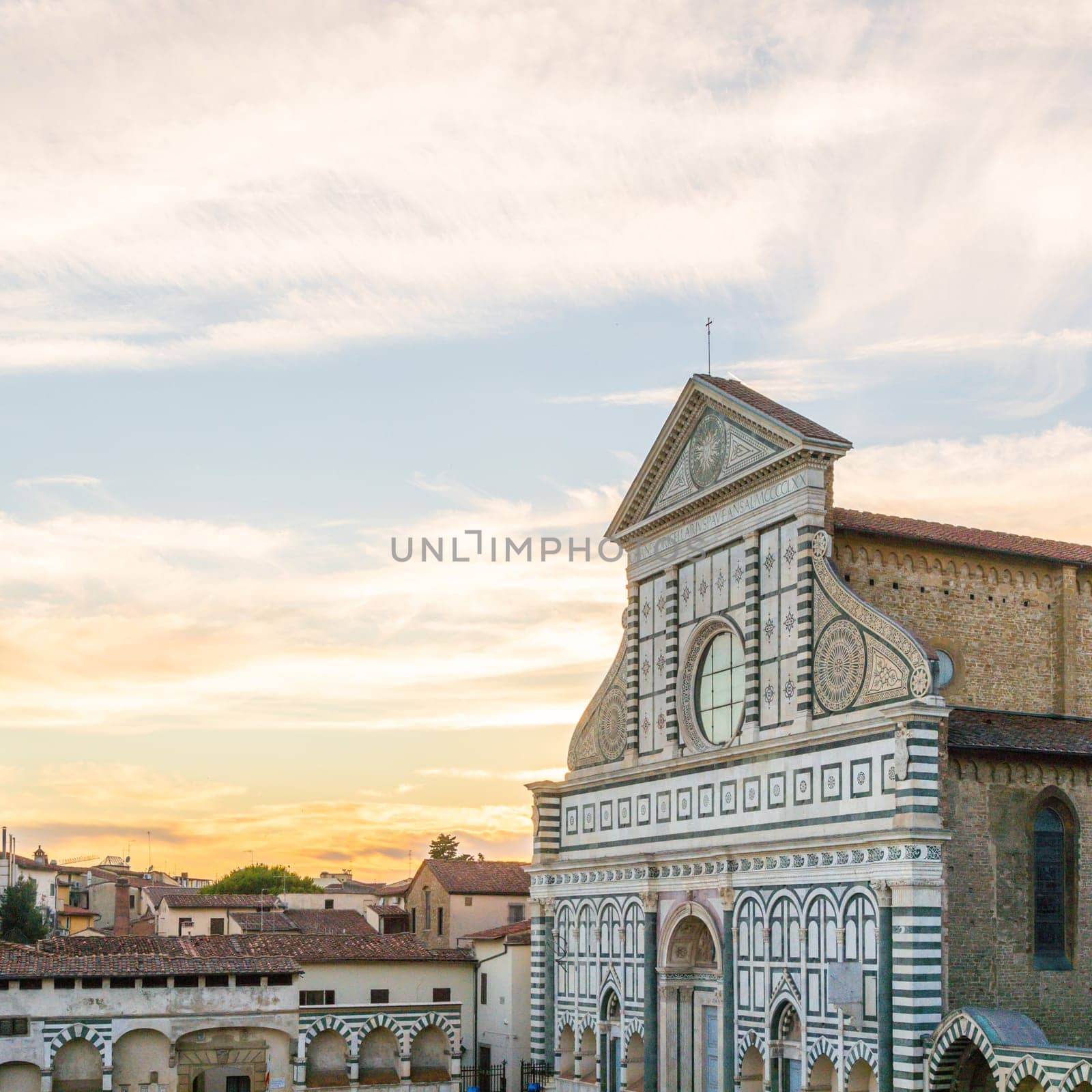 Florence, Italy. Sunset light on Santa Maria Novella - Holy Mary Church - nobody and copy space