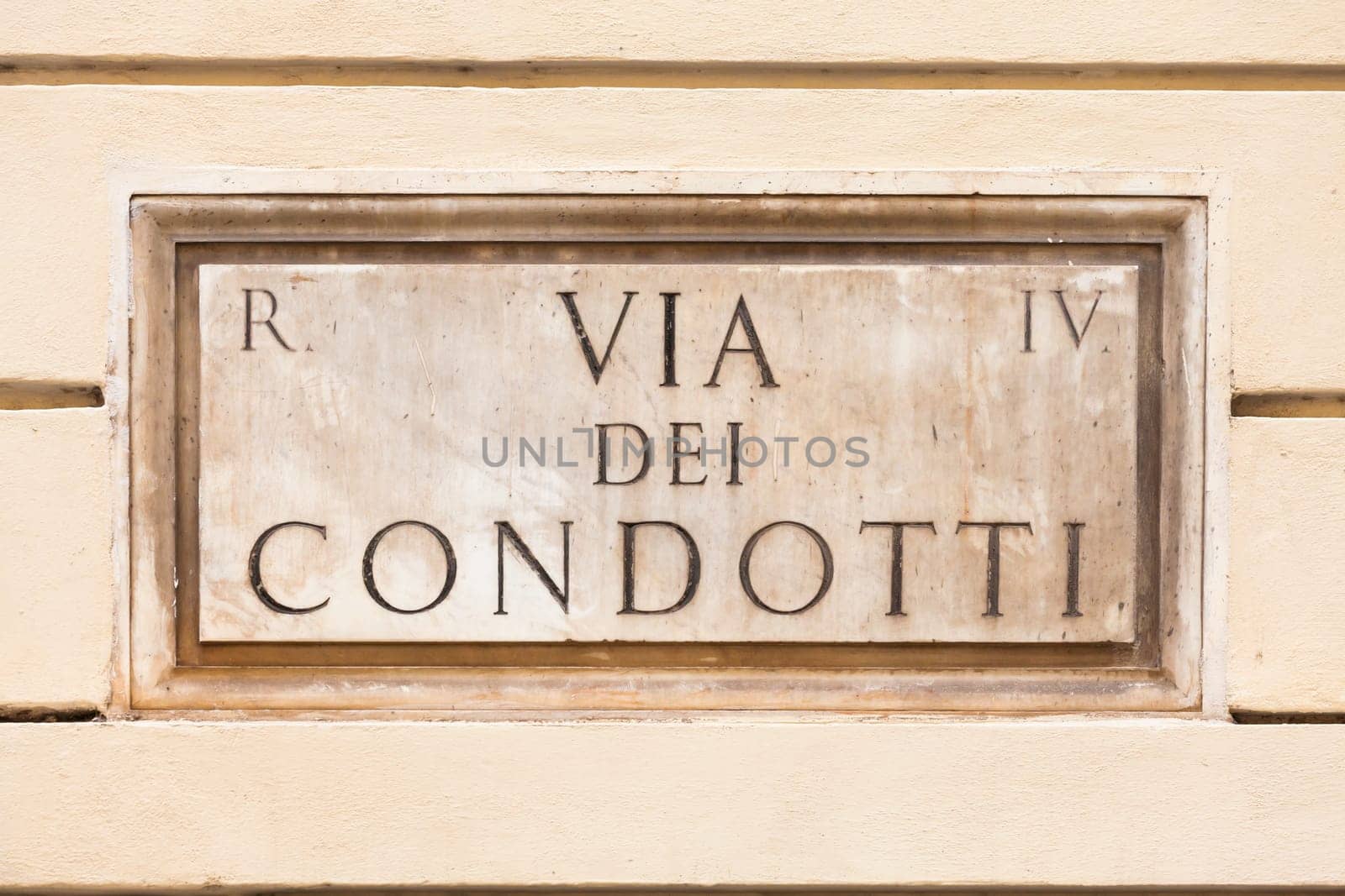 Rome, Italy. Street plate of the famous Condotti Road - Via dei Condotti - center of the Roman luxury shopping