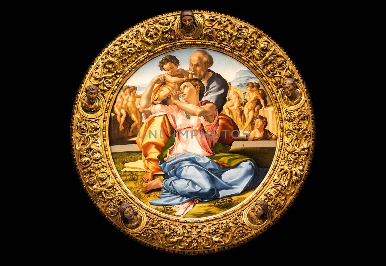 Florence, Italy - Circa August 2021: Holy Family with the Young St. John Baptist - named Doni Tondo - by Michelangelo Buonarroti, 1507