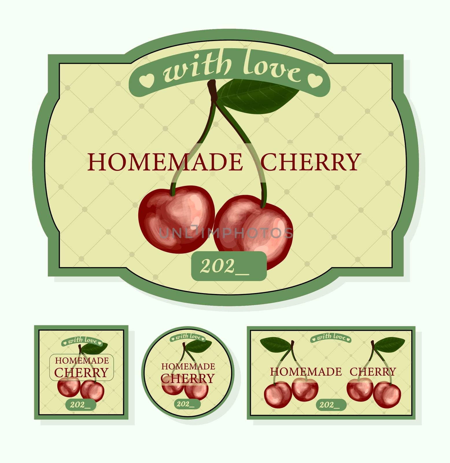 Label for homemade cherries. cherry jam canned packaging.