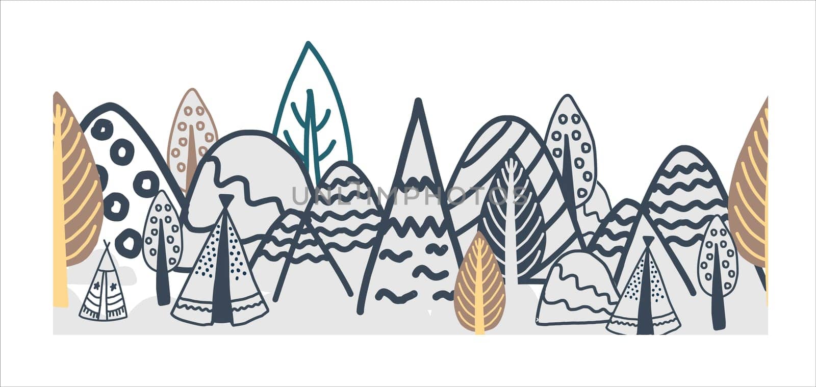 The border is demonic in the northern style. Scandinavian winter forest. Fairy forest seamless. Ribbon and textile decor.