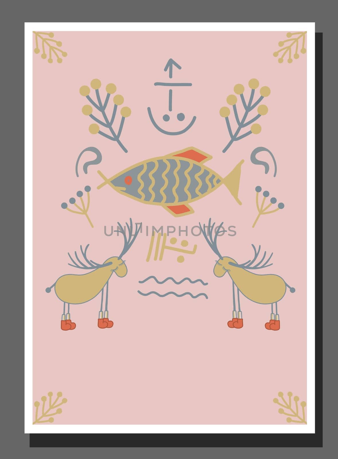 Poster for a children's room in northern style. Scandinavian winter forest. Fairy forest. Deer.Christmas.