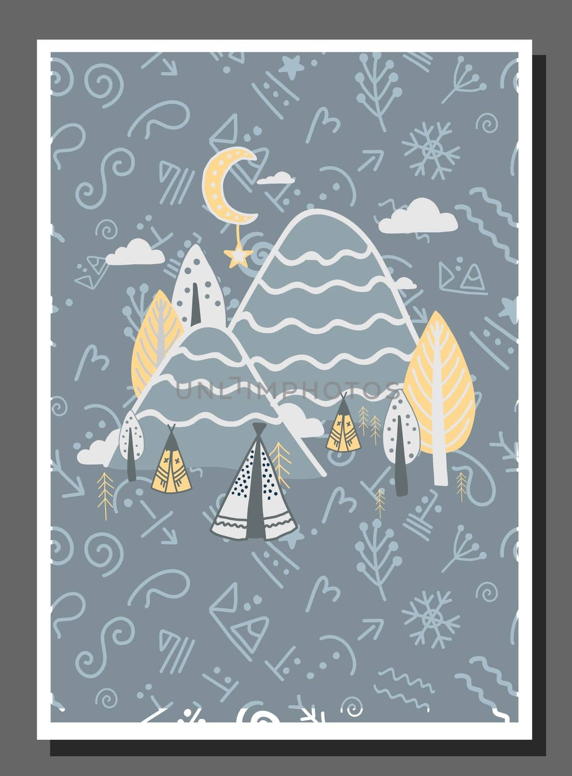 Poster for a children's room in northern style. Scandinavian winter forest. Fairy forest. Deer.Christmas.