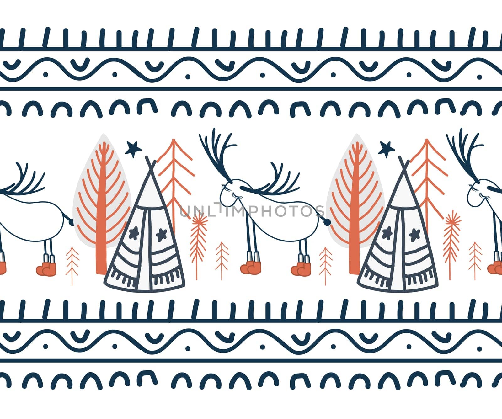 The border is demonic in the northern style. Scandinavian winter forest. Fairy forest seamless. Ribbon and textile decor.