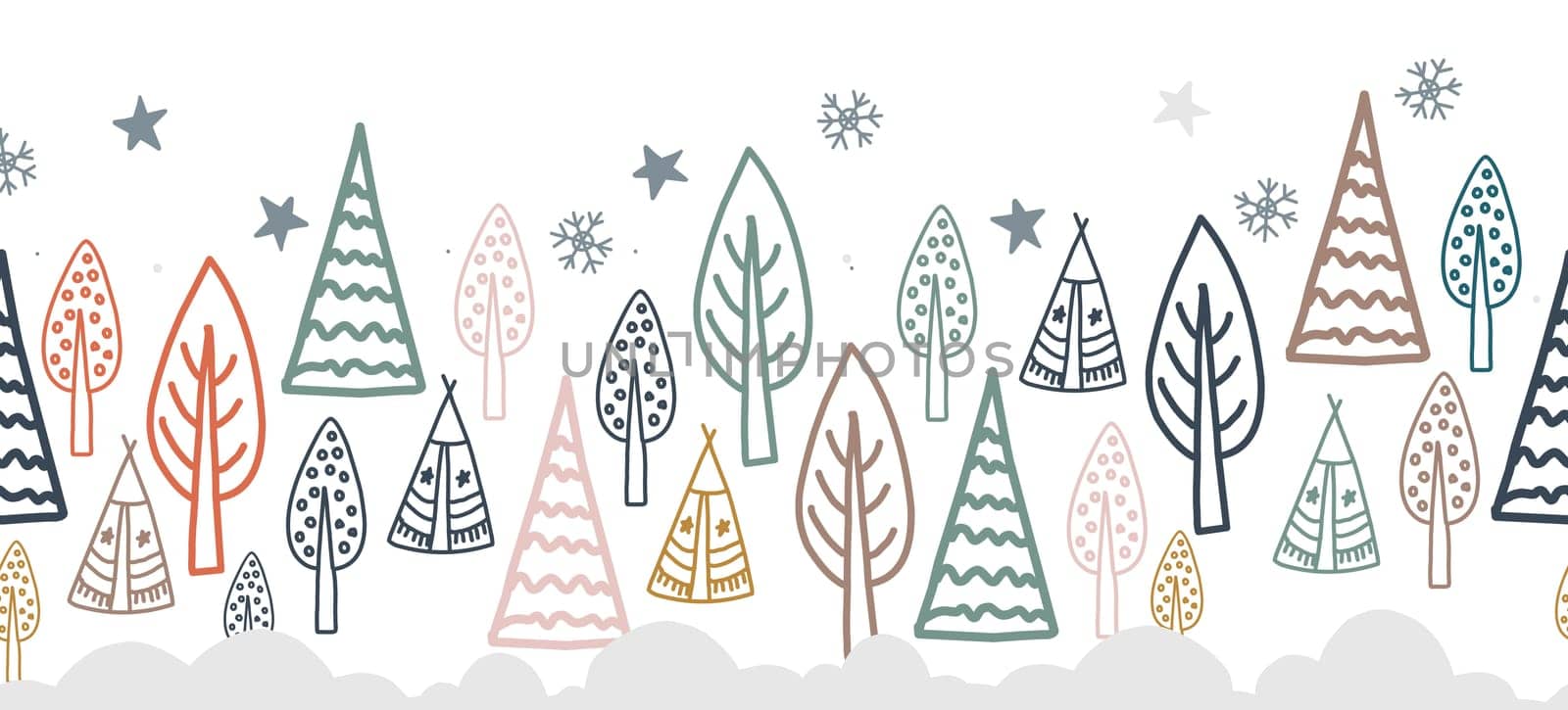 The border is demonic in the northern style. Scandinavian winter forest. Fairy forest seamless. Ribbon and textile decor.
