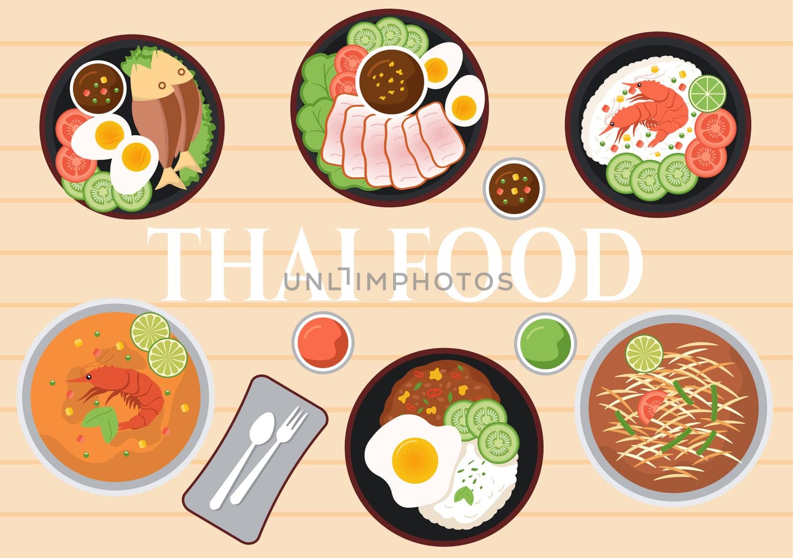 Traditional Thailand Food Template Cartoon Hand Drawn Illustration Various of Thai Cuisine Design