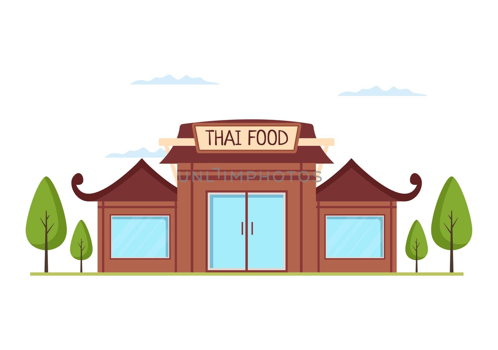 Traditional Thai Food Restaurant or Cafe Building Template Hand Drawn Cartoon Flat Illustration