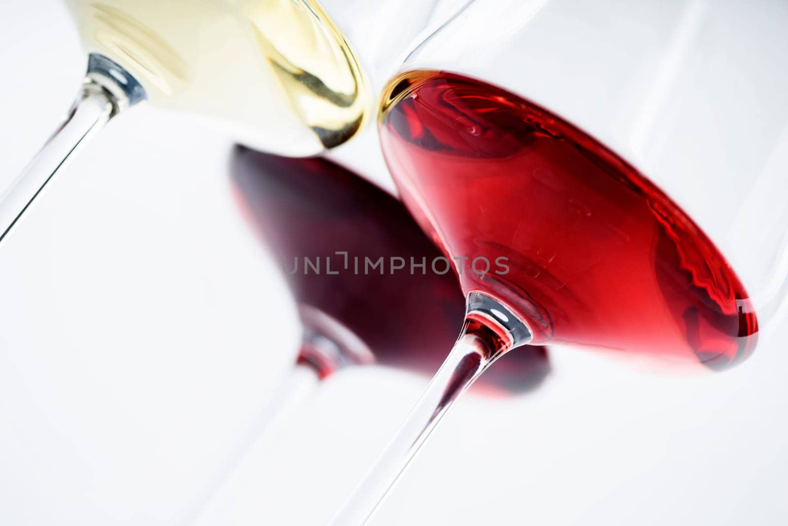 Three glass of red, rose and white wine isolated over white background. Wine card menu design.