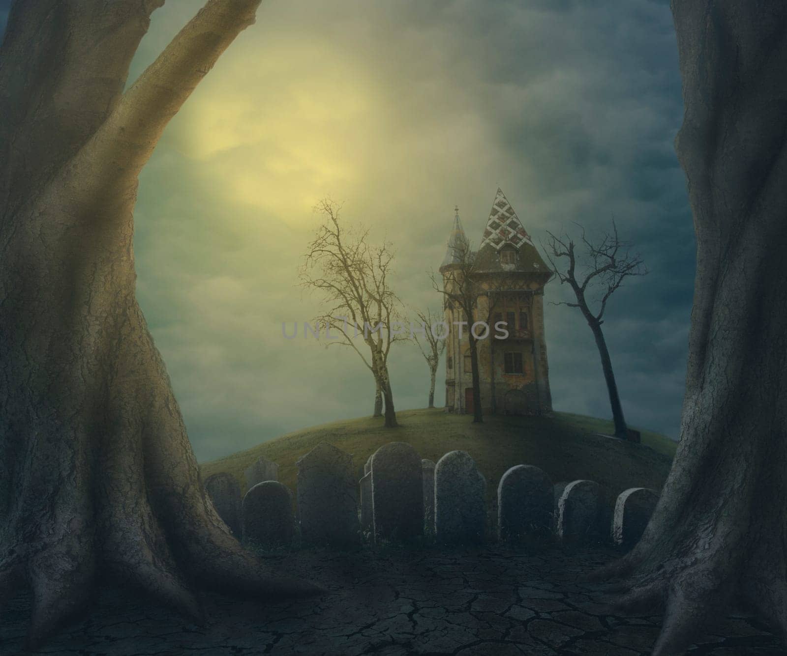 Halloween haunted ghost house on spooky graveyard at night. Halloween party design poster.