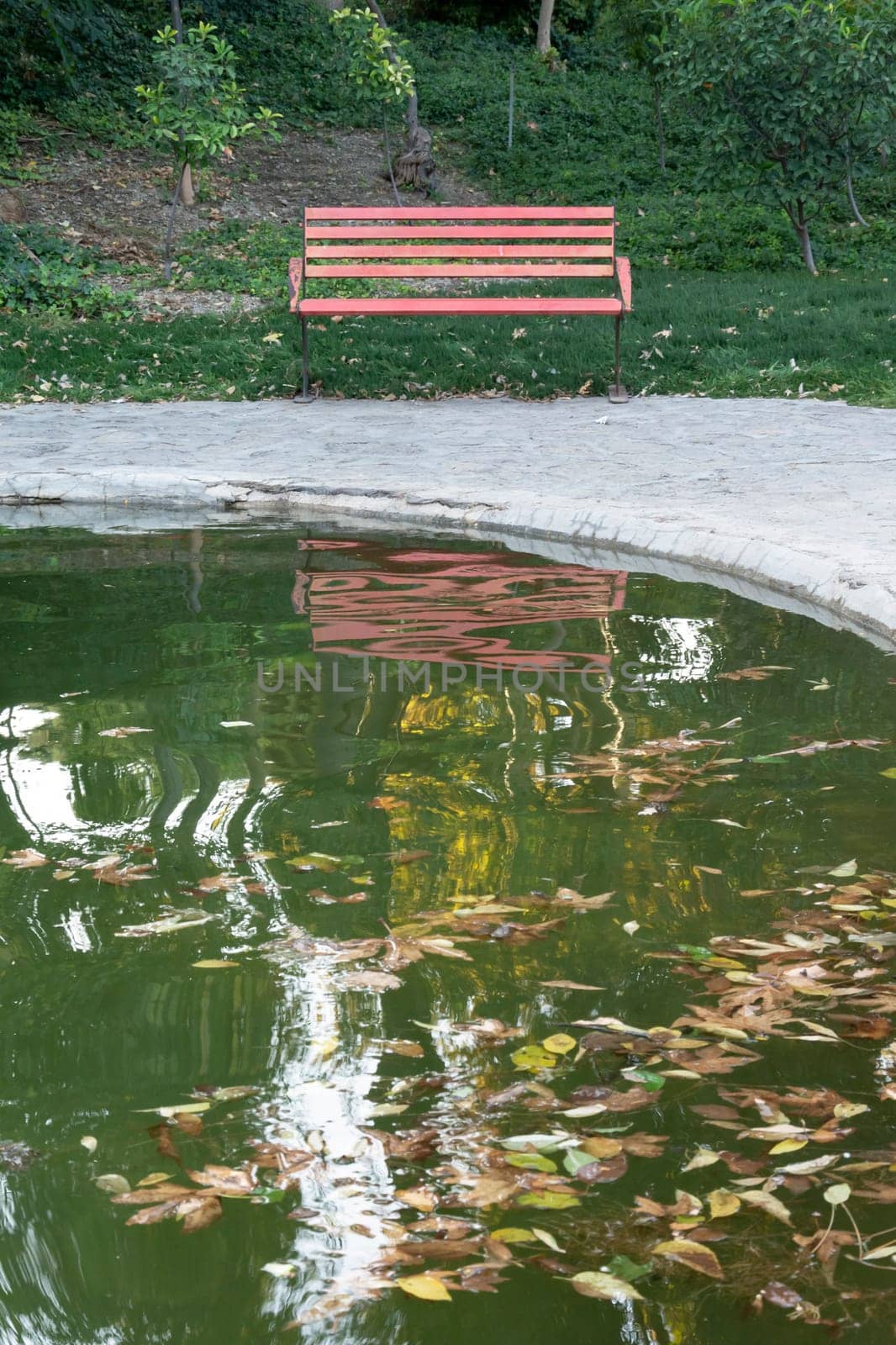 Empty bench reflection on water puddle