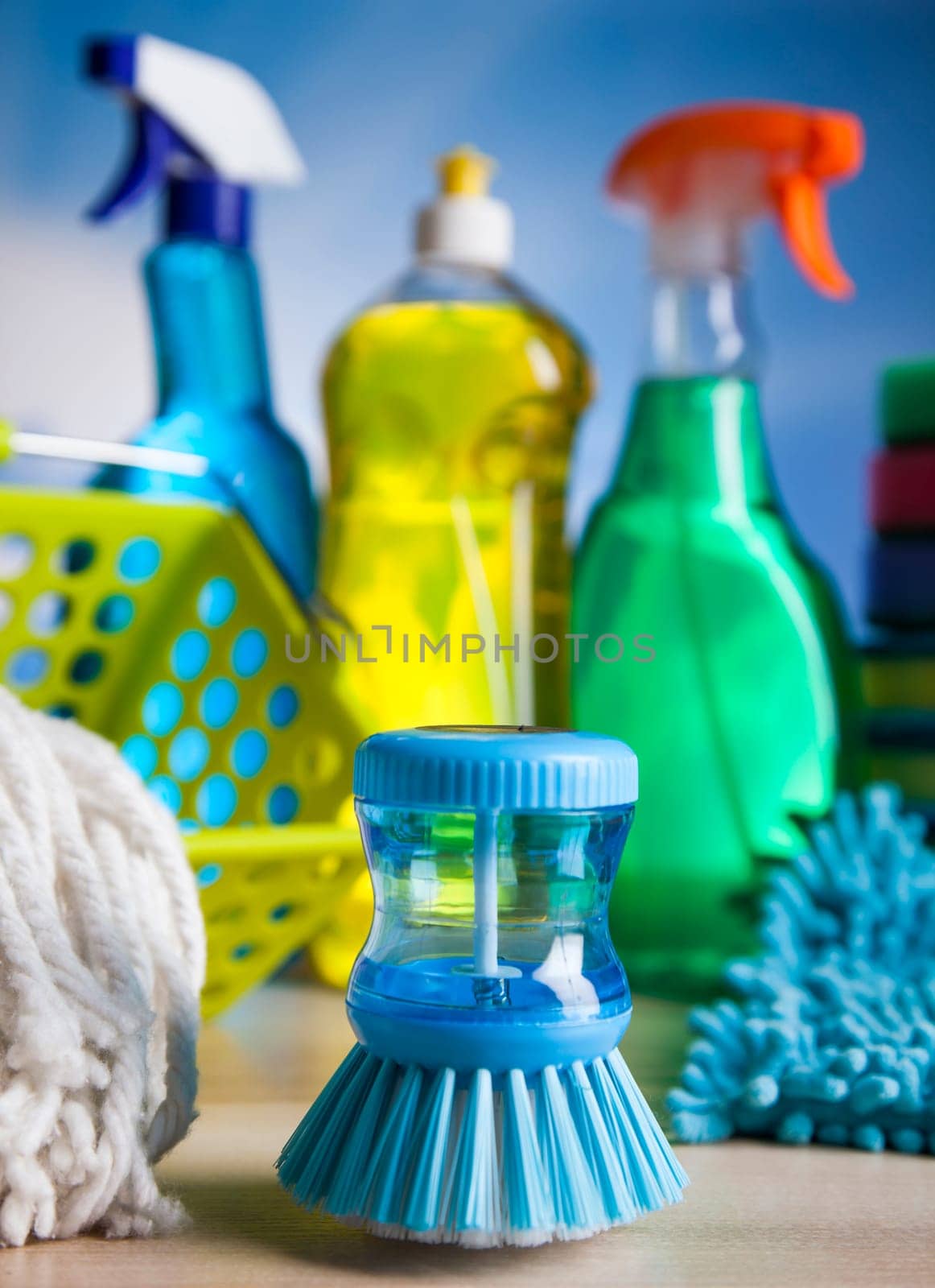 Variety of cleaning products, home work colorful theme